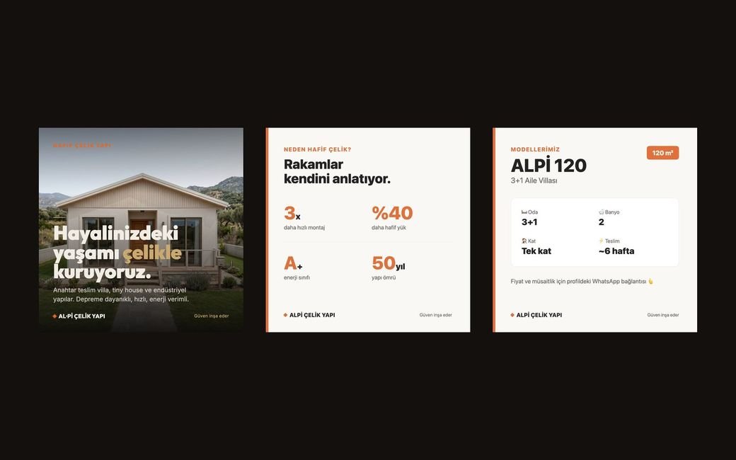 Alpi Çelik Yapı için üretilen üç sosyal medya paylaşımı