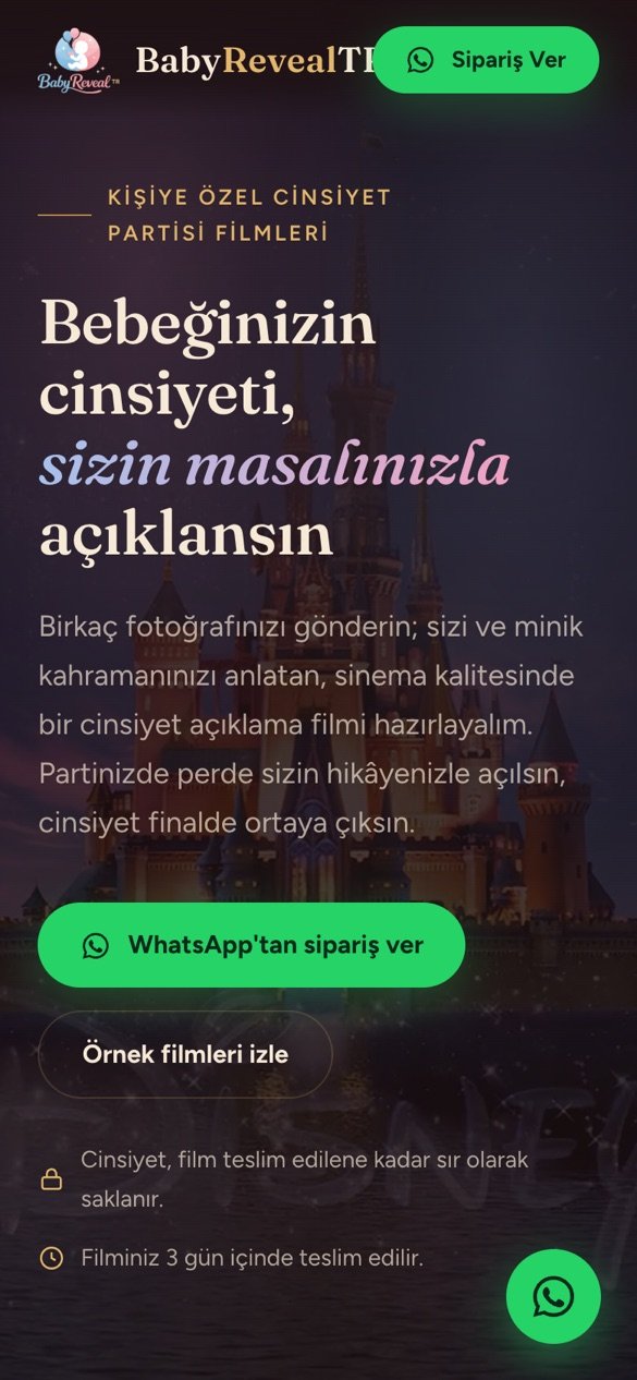 BabyRevealTR satış sitesinin açılış ekranı